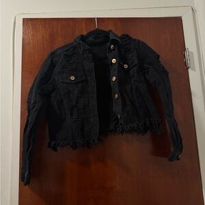 Distressed Black Denim Jacket with Frayed Hem